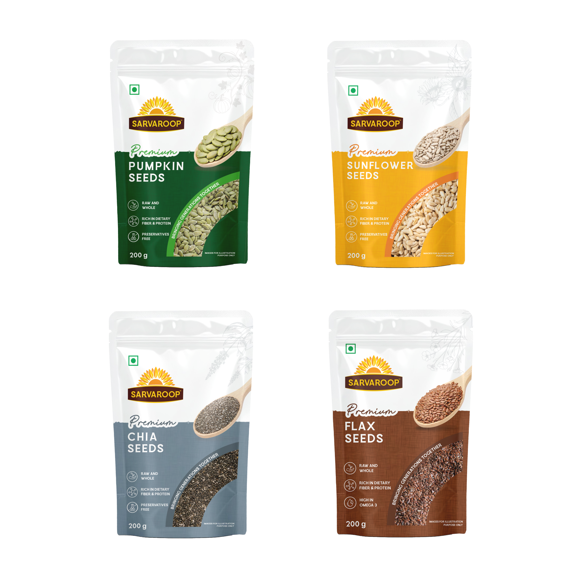 Pumpkin, Sunflower, Chia & Flax Seeds Combo - 800g (200g each)