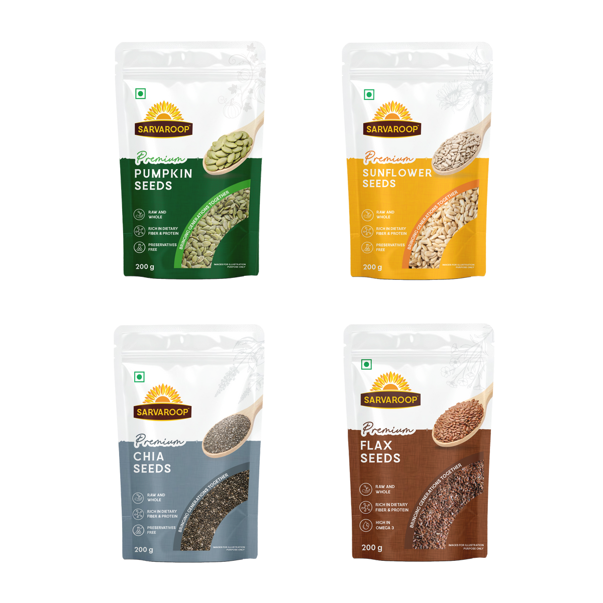 Pumpkin, Sunflower, Chia & Flax Seeds Combo - 800g (200g each)