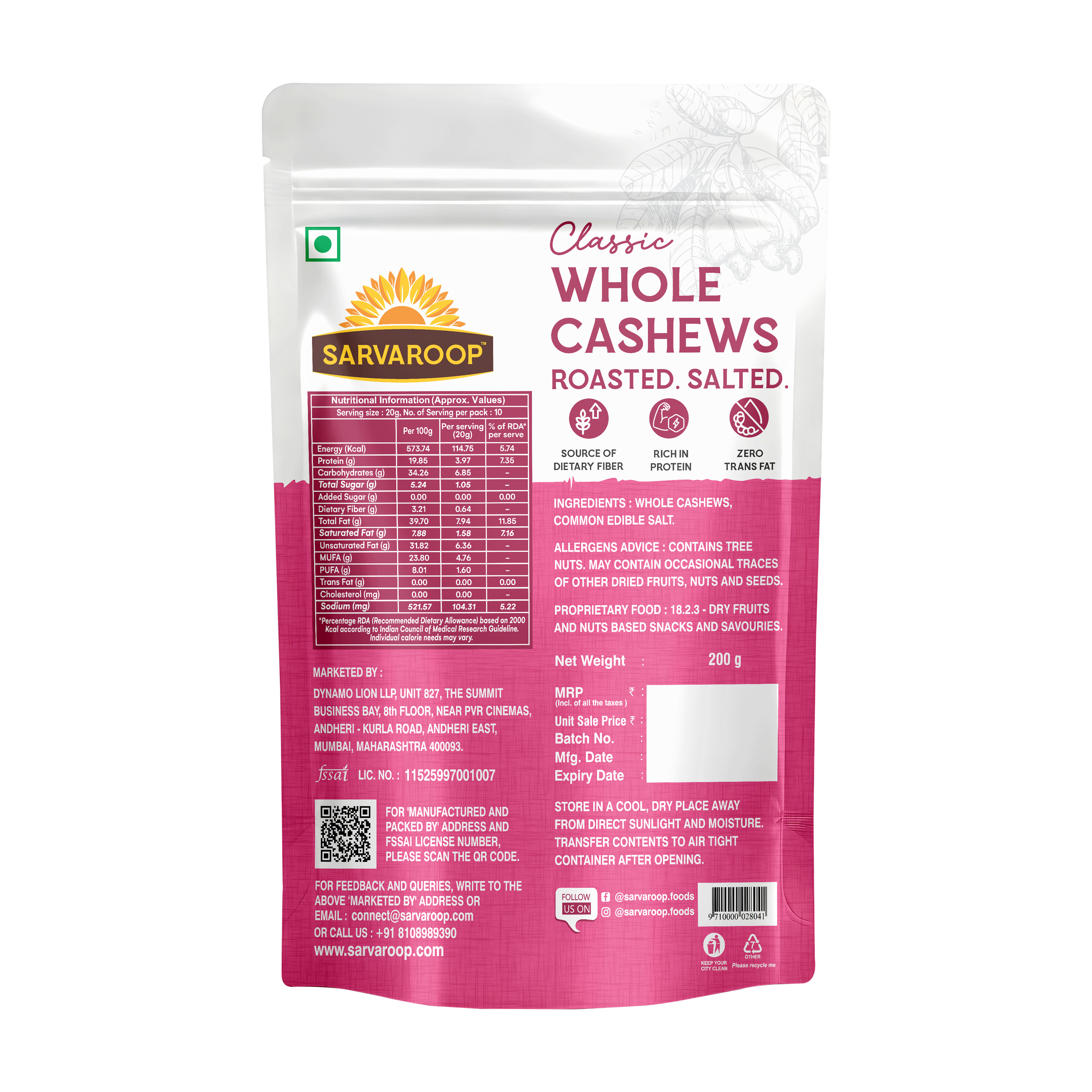 Whole Cashews. Roasted & Salted.