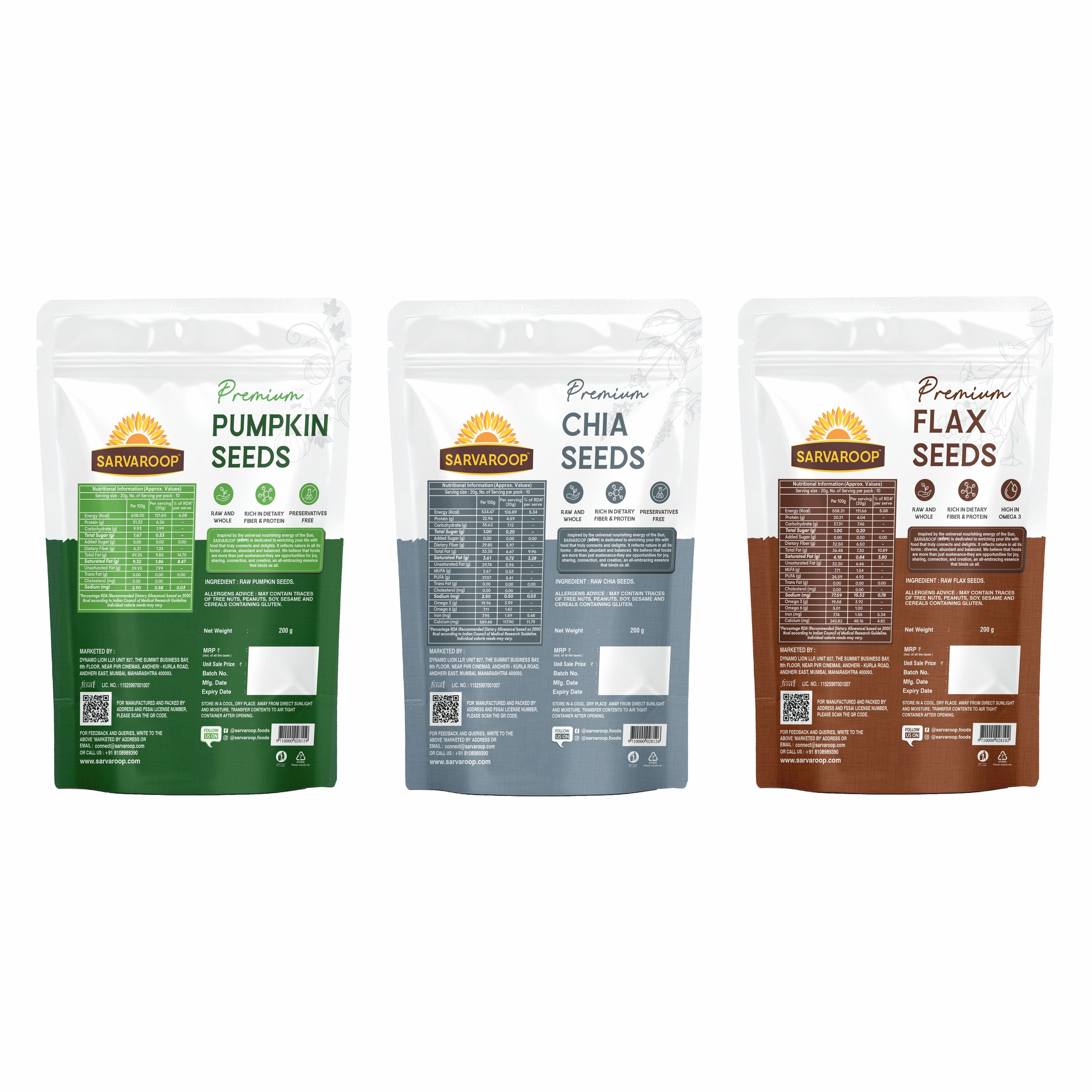 Pumpkin, Chia & Flax Seeds - Combo - 600g (200g each)