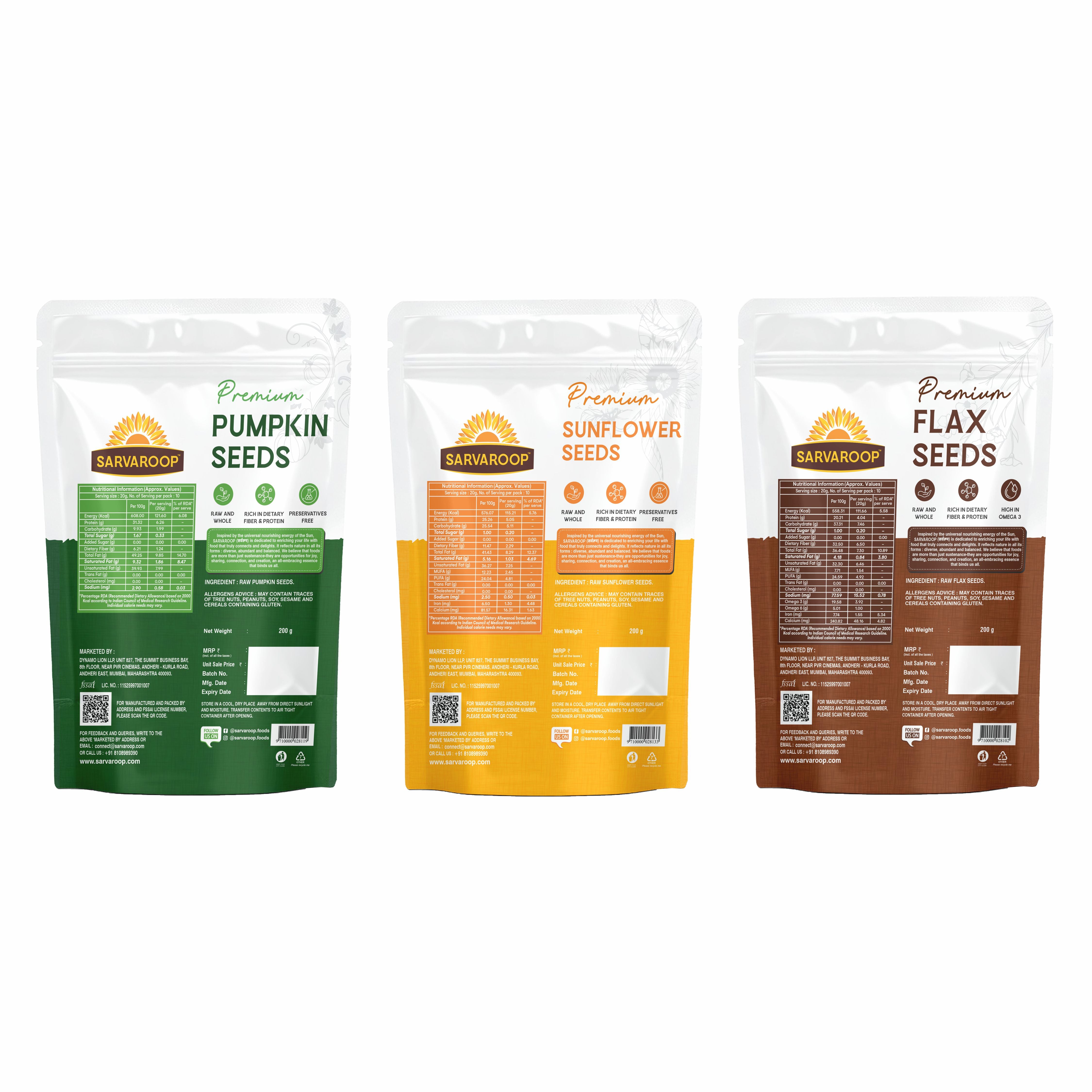 Pumpkin, Sunflower & Flax Seeds - Combo - 600g (200g each)